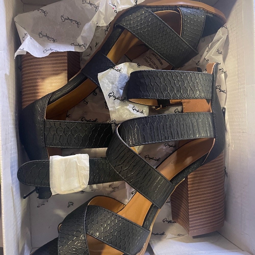 New in box black heeled sandals